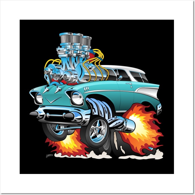 Classic Fifties Hot Rod Muscle Car Cartoon Wall Art by hobrath